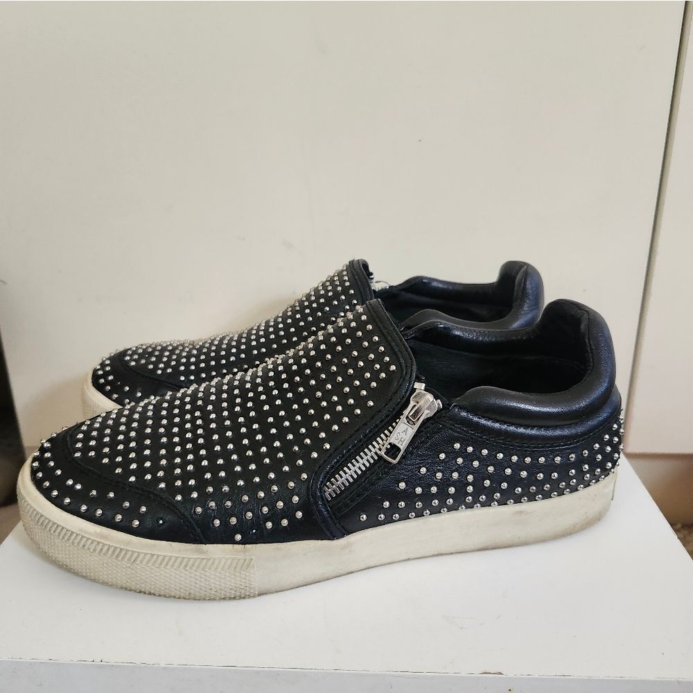 Ash "Iman" Black Leather Silvr Micro-Stud/Zip Slip-on Sneakers Sz.10/40 Ret.$225